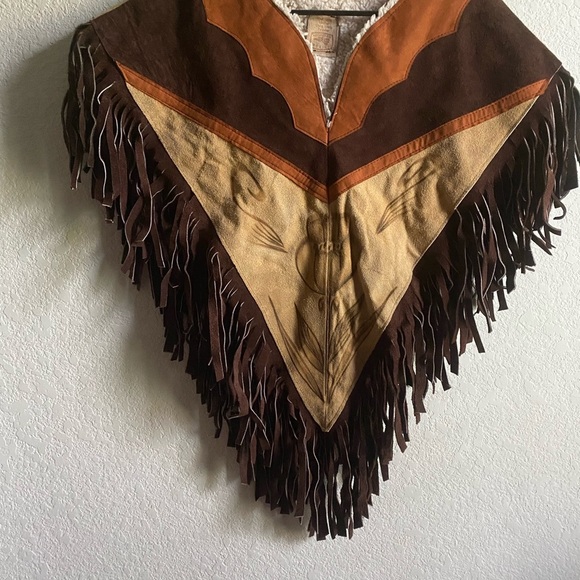 Vintage HECHO EN MEXICO Leather Suede Floral Western Brown Tan Fringed Poncho - Picture 6 of 16